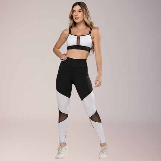 Conjunto fitness com legging em tule e top suplex feminino