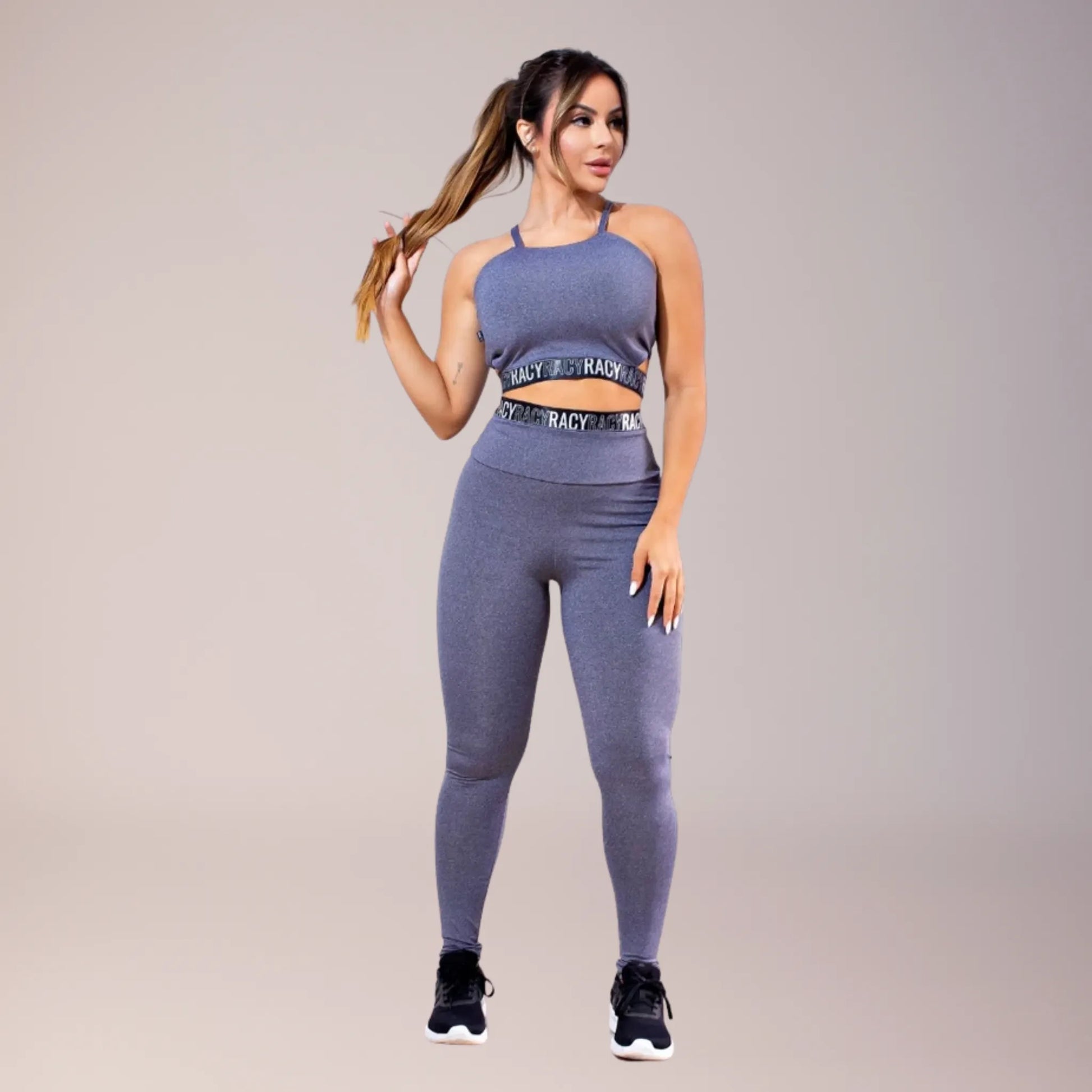 Kit 2 conjuntos fitness com legging cintura alta e cropped alcinha feminino